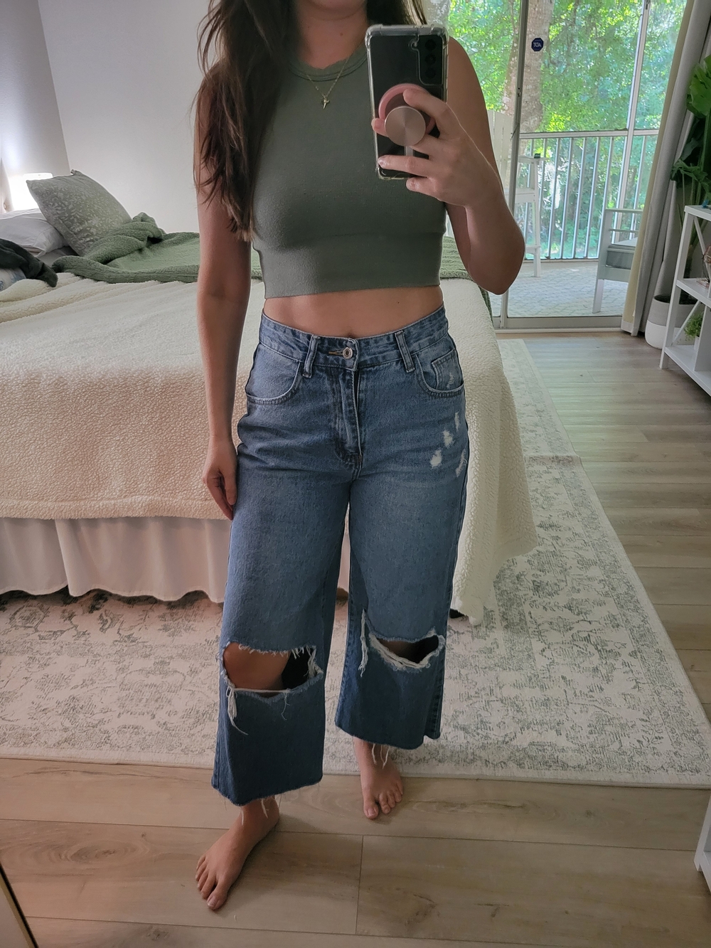 SHEIN Medium Blue Distressed Wide-Leg High-Rise Jeans